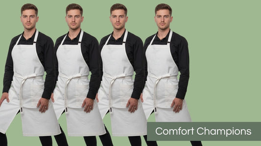 Chef wearing white aprons over a black shirt in action