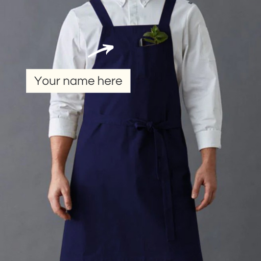 Free personalisation of your organic cotton apron this month only. July 2022.