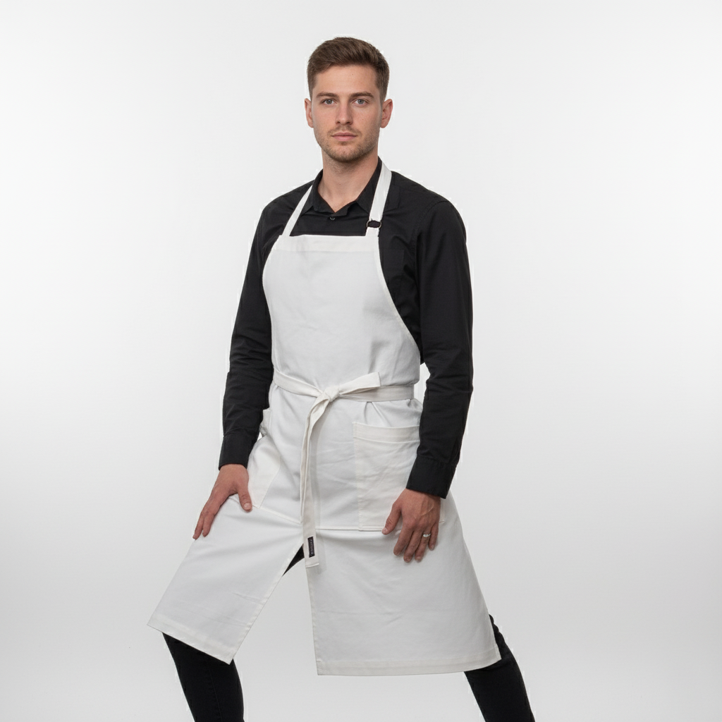 Man wearing a white apron on a plain background