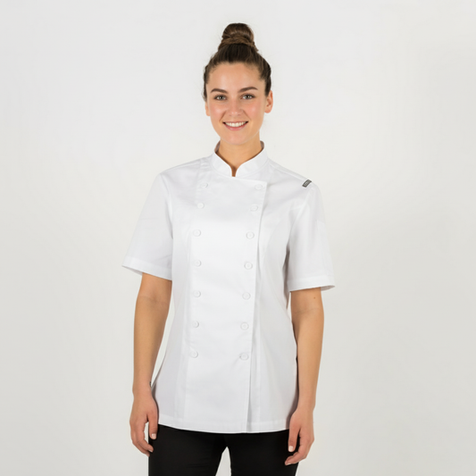 Ladies PREMIUM white chef jacket with short sleeves, Organic cotton