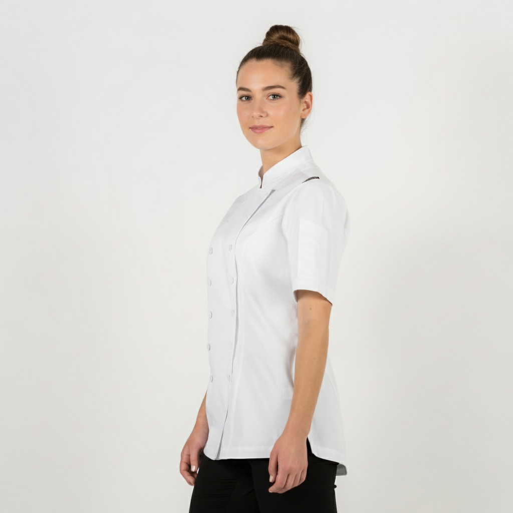 Ladies PREMIUM white chef jacket with short sleeves, Organic cotton