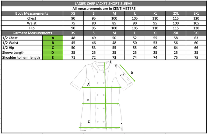 Size chart in centimetres