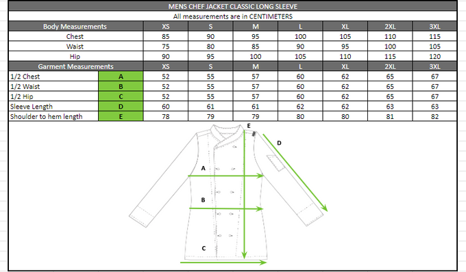 Size chart in centimetres