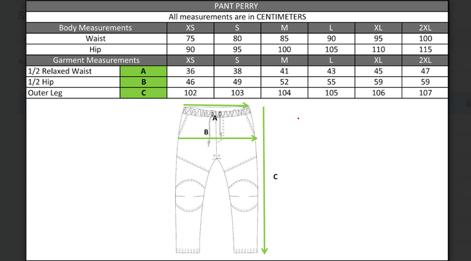 Size chart in centimetres