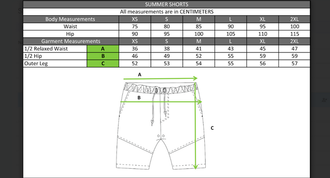 Size chart in centimetres