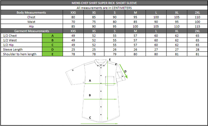 Size chart in centimetres