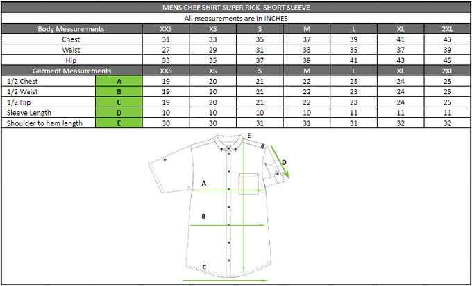 Size chart in inches