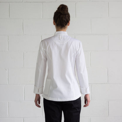 Women's BLISS white Chef Jacket with long sleeves. 100% organic cotton