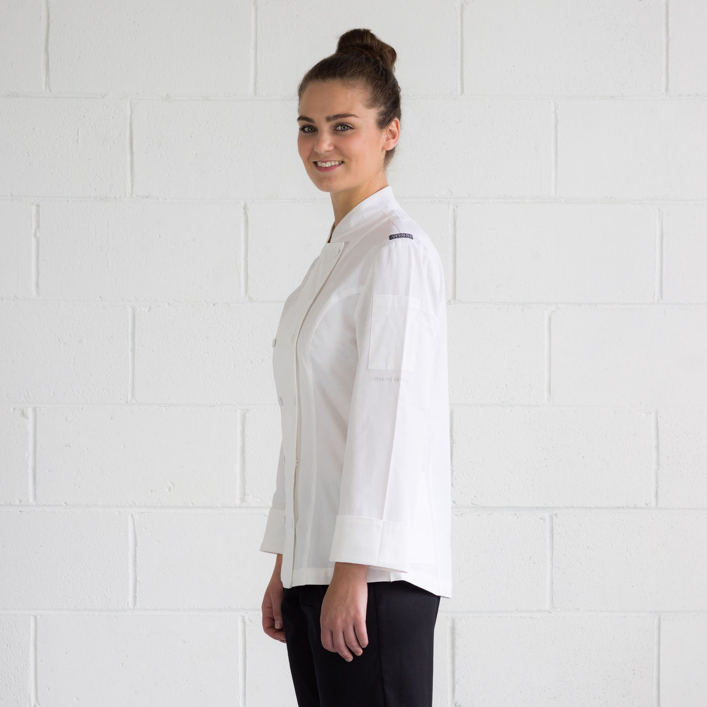 Women's BLISS white Chef Jacket with long sleeves. 100% organic cotton