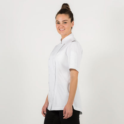 SALE- Ladies PREMIUM white chef jacket with short sleeves, made from Organic cotton ( medium weight fabric )