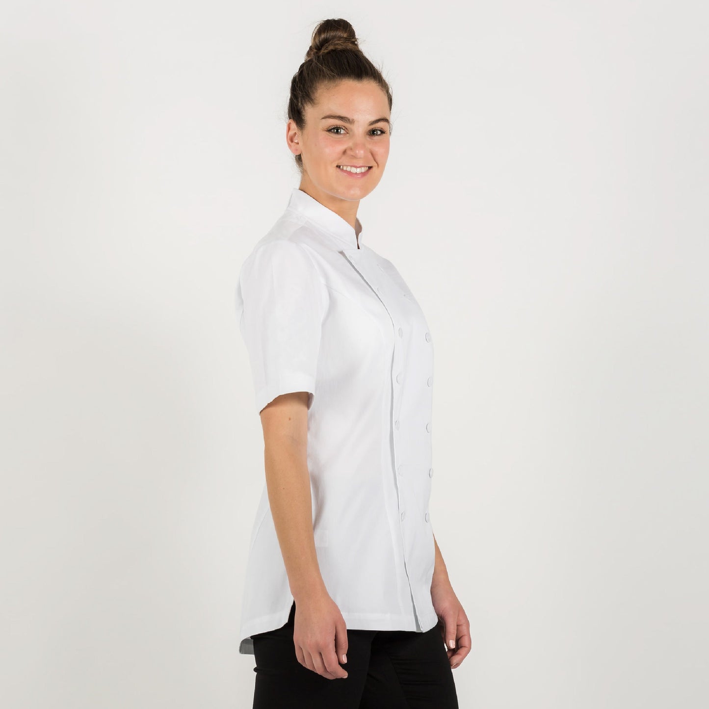 SALE- Ladies PREMIUM white chef jacket with short sleeves, made from Organic cotton ( medium weight fabric )